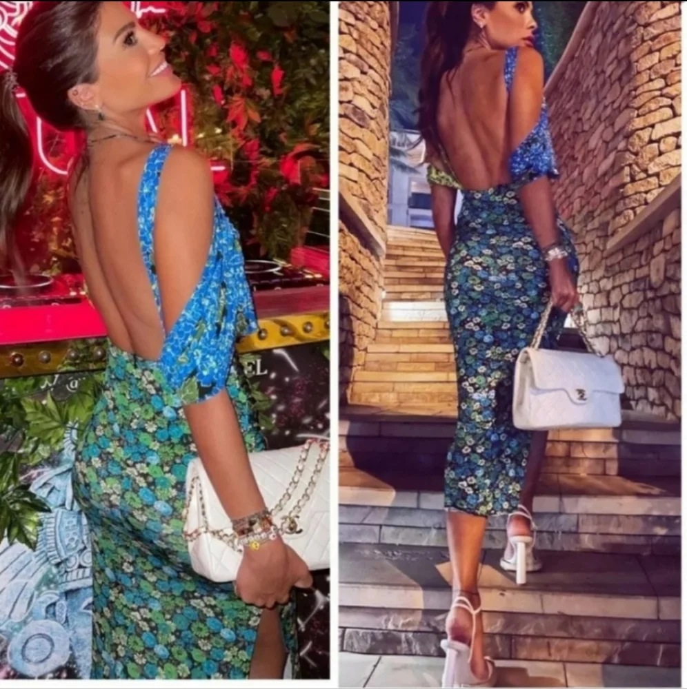 💥Last One💥Zara Woman FW21 Floral Print Dress Blur Green Cut Out - Picture 2 of 12